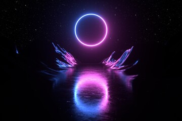 3D Ultraviolet Neon Circle reflected on wet floor into the mountains.