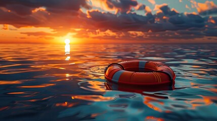 orange lifebuoy floating at sea sunset sunrise wide horizontal banner  - obrazy, fototapety, plakaty