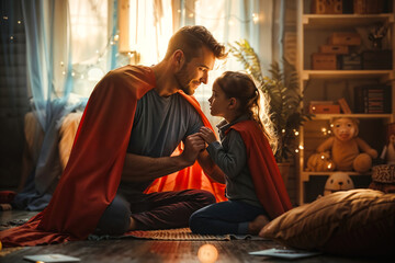 Father and child in superhero capes share a special moment at home