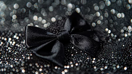 Fotobehang Black satin ribbon bow lying on sparkling black background with soft bokeh lights. Black satin ribbons create beautiful festive decorations © Fajar
