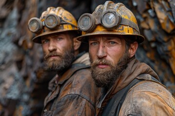 Fototapeta premium Two rugged miners equipped with dirty safety helmets featuring frontal lights, posing in a mine setting