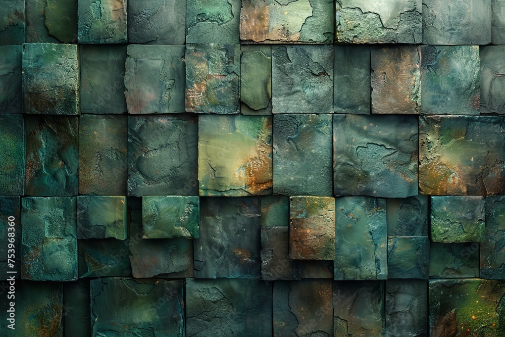 Wall mural A visually captivating image showcasing textured metallic tiles in green and orange tones with a weathered & abstract appearance