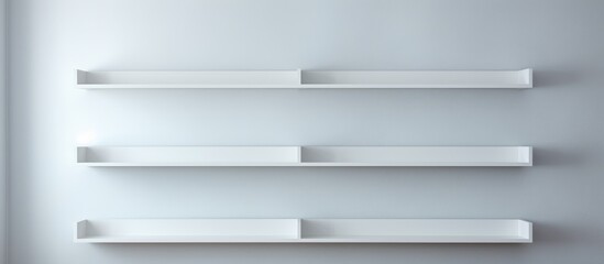 A white shelf mounted on the wall, featuring three equally spaced white shelves. The simple design provides a clean and organized storage solution for various items.