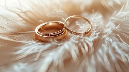 Obraz na płótnie Canvas wedding rings on a feather light soft background wedding invitation background 