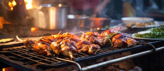 Various meats and vegetables are sizzling on a hot grill, producing tantalizing aromas and charring marks. The flames lick the food, creating a delicious charred flavor while the cook carefully tends - obrazy, fototapety, plakaty