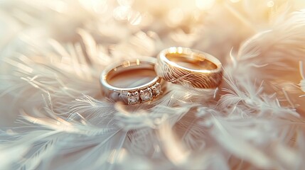 wedding rings on a feather light soft background wedding invitation background 