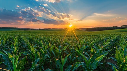 sunset beauty over corn field with blue sky and clouds landscape agricultural background 