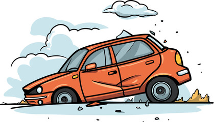 High Quality Vector Graphic Illustrating a Vehicle Rollover Accident on a Cliffside Road