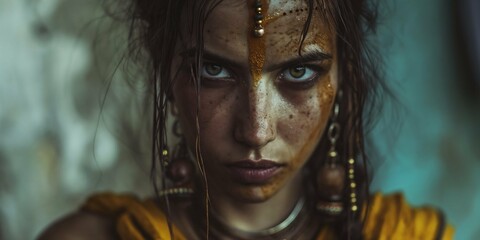Intense Portrait of Woman with Tribal Paint