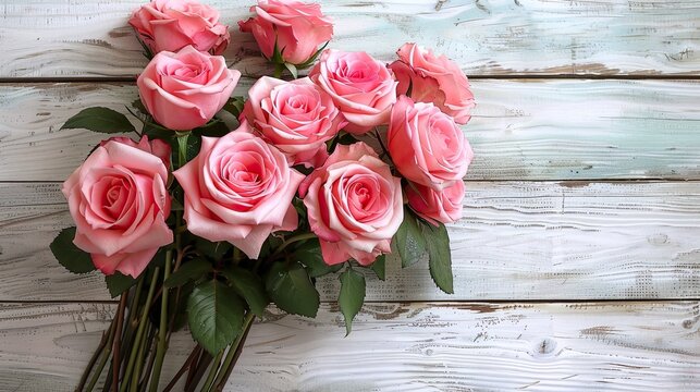bouquet of beautiful pink roses on white wooden background with copy space women s day mother s day valentine s day wedding concept 