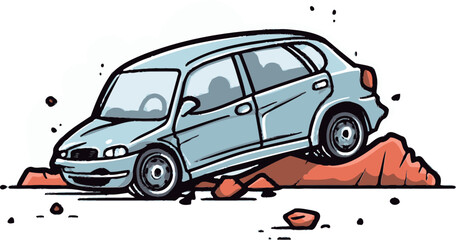High Quality Vector Drawing of a Head On Collision with Vehicles Crumpled