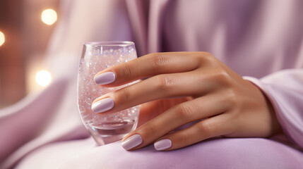Feminine hand with lilac classic manicure on elegant silky background. Nail and hand care routine.