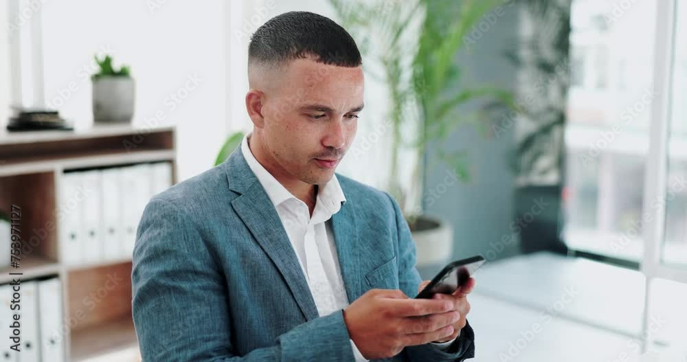 Aufkleber businessman, cellphone and scroll on internet for networking, laughing and social media for meme. hr