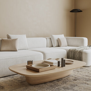 Fototapeta Modern living room interior with white sofa and beige walls, 3d render