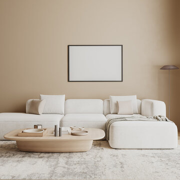 Picture frame mock up in modern beige living room interior 