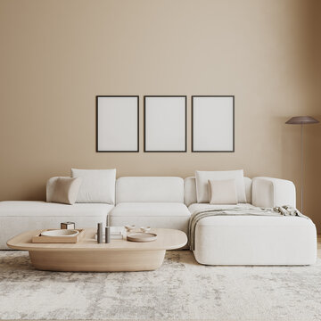 Fototapeta Poster frame mock up in modern beige living room interior , 3d render