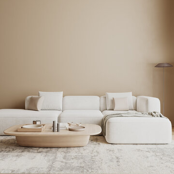 Fototapeta Modern beige living room interior with white angle sofa