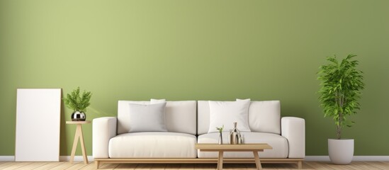 A modern living room featuring green walls, a white couch, a wooden floor, a beige sofa, and a wooden table with a laptop.