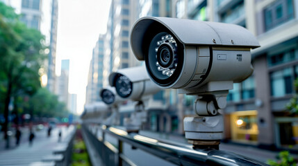 Surveillance camera CCTV with a futuristic interface analyzes surroundings in the city street, View of a Security camera targeting a detected intrusion