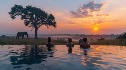 A couple in a swimming pool with the background Elephants in the savanna in Kruger park in South ...