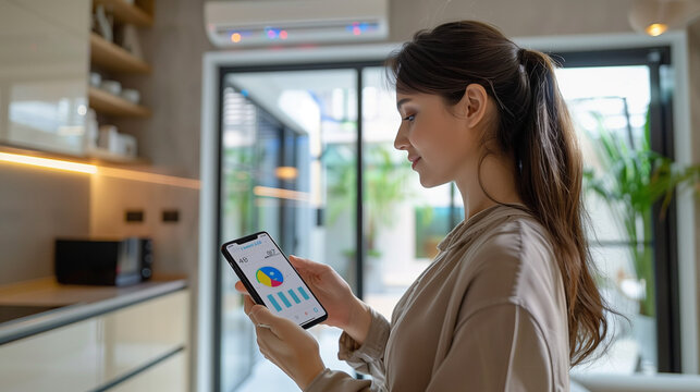 Women with a mobile phone monitor home electricity usage, woman in the kitchen check energy usage to save electricity bills, and energy transition