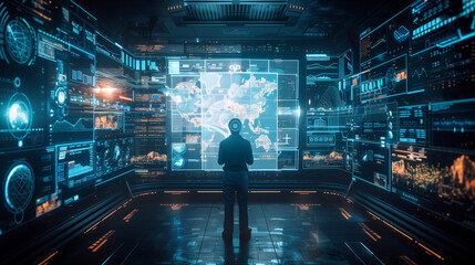 Engineer worker in a Futuristic depiction of the industry holograms, interaction with AI, Artificial Intelligence futuristic room. Industry and technology concept. INDUSTRY 4.0