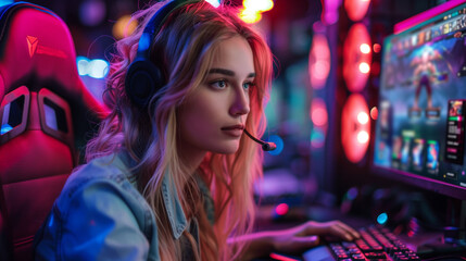 Young Female Blogger, Gamer Plays Games On Computer. Neon Computer Club,
