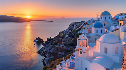 Naklejka premium Oia Santorini Greece, a traditional Greek village in Santorini Europe at sunset