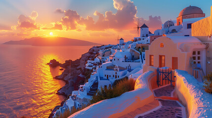 Oia Santorini Greece, Greek village at sunset, caldera of Oia - obrazy, fototapety, plakaty