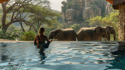 Women in a swimming pool with the background Elephants in the savanna in Africa, a safari camp, and a luxury lodge pool in the bush