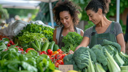 Obraz premium Customer Buying Sustainable Organic Vegetables From a Black Female Farmer on a Sunny Summer Day. Successful Street Vendor Managing a Farm Stall at an Outdoors Eco Market