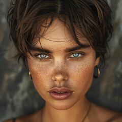 portrait of a beautiful young Brazilian woman with short hair and freckles. Sad look into the camera.