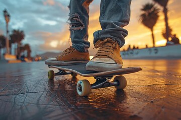 A skateboarder's feet on a board during sunset, with orangish sky near a beach avenue with palm trees around