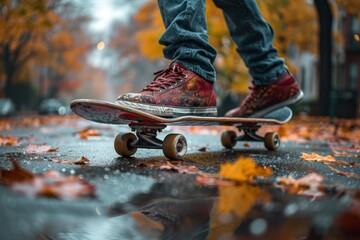 A skateboarder balances on a board, with a beautiful backdrop of fall foliage in an urban setting