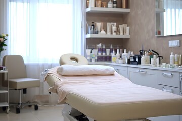 Interior of new beauty salon with spa massage table and set of skincare products ready for use