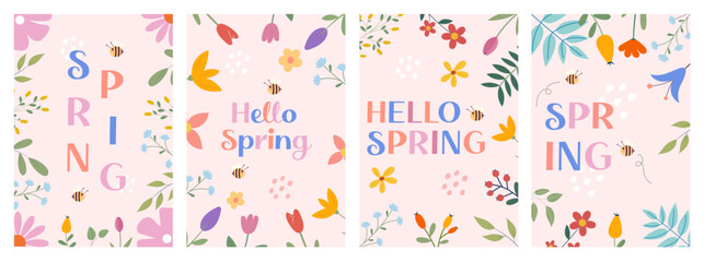 Hello spring set of greeting cards and posters with decorative elements and lettering. Vector templates with spring flowers, branches. Modern and trendy vector illustration collection.