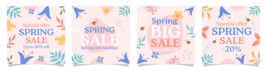 Collection of colorful and hand drawn spring sale backgrounds. Vector banners with spring flowers, branches and text. Modern and trendy vector illustration for social media, cards, invitations.
