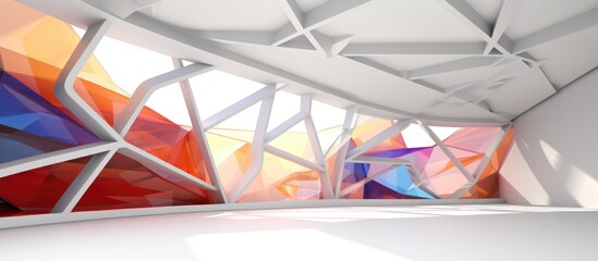 A white room with abstract parametric drawings on the walls and ceiling, showcasing a burst of colors in geometric patterns.