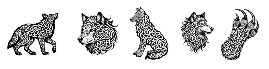 Obraz premium Celtic Wolf Elements Tattoo Design in Elegant Black and White. Claw, Head Wolf 