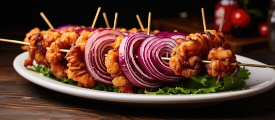 On a white plate, two lula kebabs are skewered on wooden spikes alongside red onion rings, creating...
