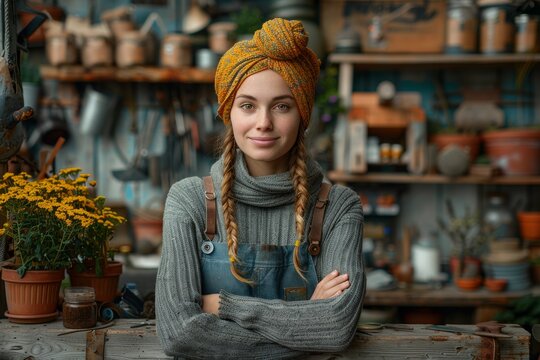 A young potter with braided hair and a warm smile stands confidently in her studio surrounded by ceramics - Powered by Adobe