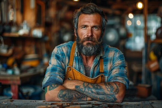 A tattooed metalworker with a fierce gaze and crossed arms stands before a workshop setting, showing confidence