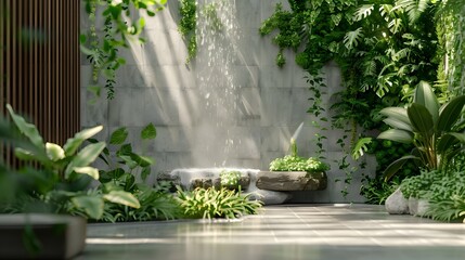 Fototapeta na wymiar Modern gardening landscaping design details. Vertical garden indoors, living green wall with perennial plants and waterfall. Green tropical forest background. Modern open plan area with greenery 