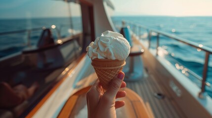 Female hand with an ice-cream on a yacht. Generative AI