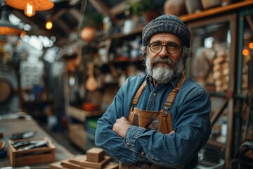 Obraz premium A senior man with a full beard and glasses poses with crossed arms in a pottery studio, his demeanor is joyful and accomplished