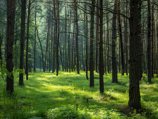 Obraz premium Sunlight Filtering Through a Lush Pine Forest