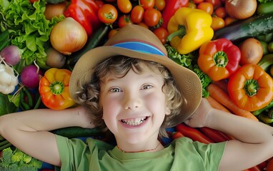 Fototapeta na wymiar A child with an assortment of vegetables, promoting a positive and enjoyable approach to a healthy diet rich in vegetables