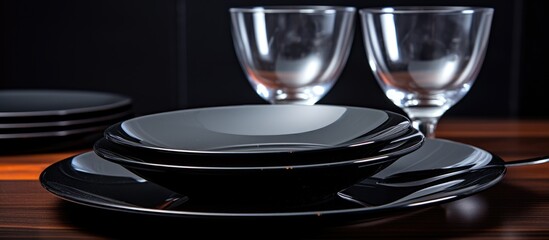 A set of black dinnerware consisting of plates, bowls, and mugs arranged neatly on a wooden table. The table is well-lit, showcasing the elegant and simple design of the dinnerware.