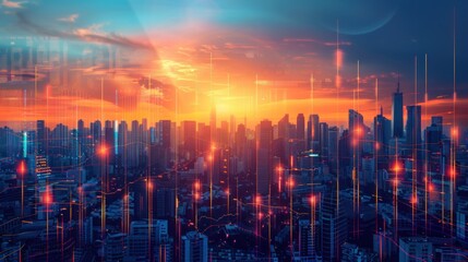 Fototapeta premium Close-up view of an advanced financial analysis interface with dynamic charts and fluctuating data points, showcasing market trends.