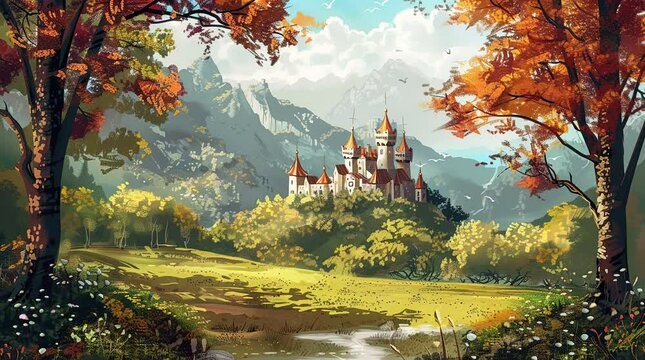 Majestic castle surrounded by vibrant autumn foliage, creating a picturesque landscape of beauty and grandeur Seamless looping 4k time-lapse virtual video animation background. Generated AI